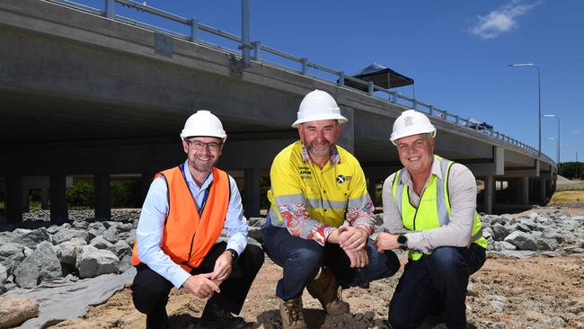 Stephen Mallows (acting regional director with the Department Main Roads), Cameron Bell (Georgiou Group project manager) and Member for Thuringowa, Aaron Harper, mark a major milestone in the Townsville Ring Road construction. Picture: Shae Beplate.