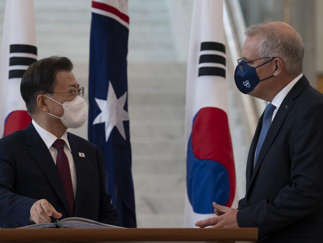 Prime Minister Scott Morrison and Moon Jae-in, President of the Republic of Korea on Sunday. Picture: NCA NewsWire / Martin Ollman