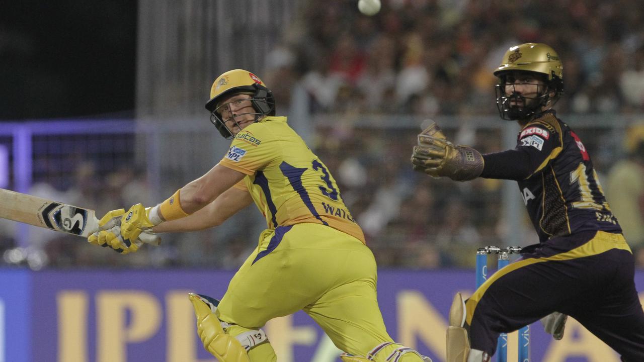 Chennai Super Kings' Shane Watson looks back as he plays a ball.