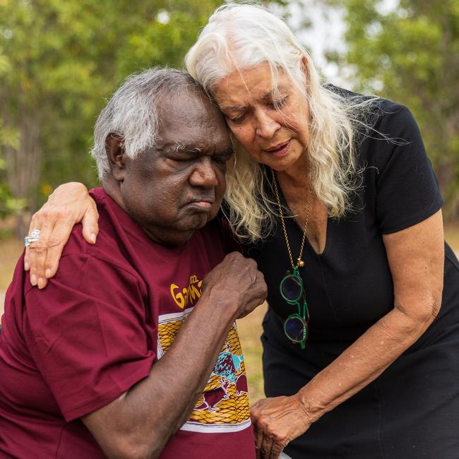 Galarrwuy Yunupingu and Marcia Langton embrace during the Garma Festival at Gulkula in 2022 in East Arnhem.