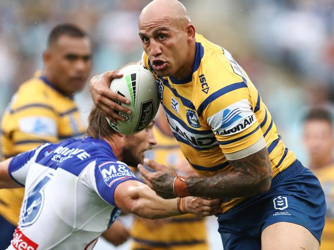 Blake Ferguson of the Eels runs the ball during the Round 2 NRL match between the Canterbury Bulldogs and the Parramatta Eels at ANZ Stadium, Sydney, Sunday, March 24, 2019. (AAP Image/Brendon Thorne) NO ARCHIVING, EDITORIAL USE ONLY