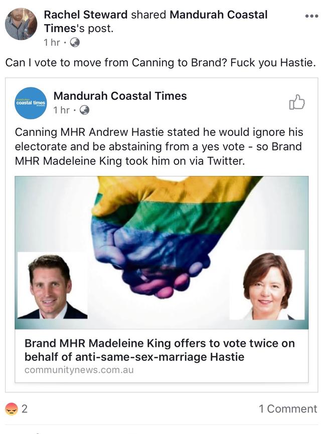 Screenshot showing an abusive comment on MP Andrew Hastie's social media site after the same-sex marriage survey result was declared.