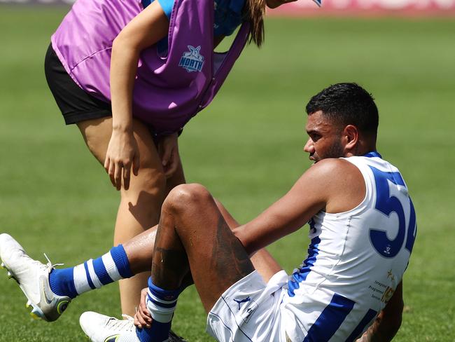 MELBOURNE . 11/03/2023.  VFL. North Melbourne vs Western Bulldogs at Arden Street Oval.  Tarryn Thomas of the Kangaroos grabs at his left ankle in the last 2 minutes during todays VFL hitout   . Pic: Michael Klein