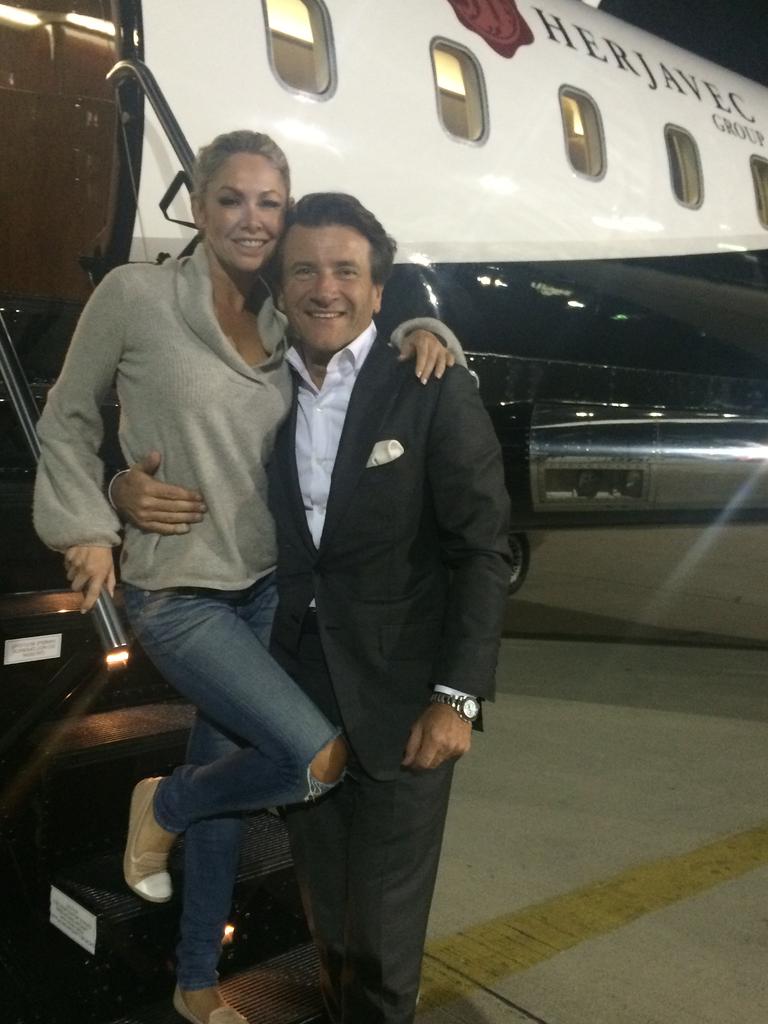 Johnson and Herjavec board the company jet. Picture: Supplied/Kym Johnson.