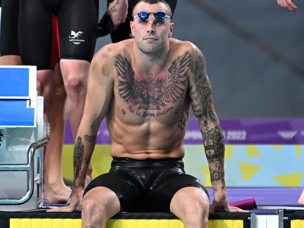 Kyle Chalmers following the men’s victory in the 4x100m freestyle final. Picture: AAP Image/Dave Hunt