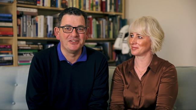 Daniel Andrews and wife Catherine opened up in a video about falling down stairs at his holiday home as he returns to work on Monday. Picture: Supplied