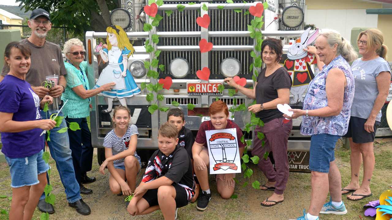 Staff and students of the Mt Morgan Central State School, Terri Palmer, Wayne Linney, Dawn Lennox, Chloe Kane, Julian Oram, Kyran Brady, Douglas Forbes, Joanne Pearce, Cheryl Cunyngham and Maree O'Donohue, prepare their Alice-themed float for the festival parade. Picture: Jann Houley