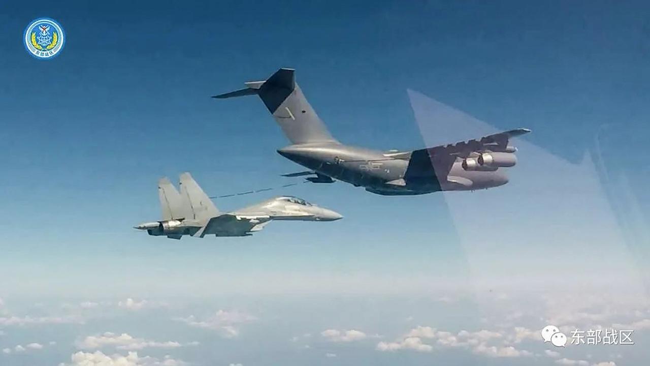 A Chinese fighter jet being refuelled. Picture: PLA/AFP