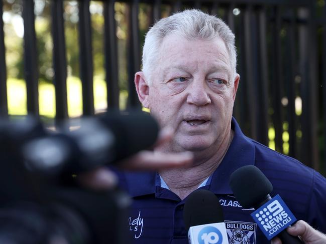 SYDNEY, AUSTRALIA - MAY 16: Canterbury Bulldogs NRL General Manager of Football Phil Gould speaks to the media at Belmore Sports Ground on May 16, 2022 in Sydney, Australia. Gould spoke to the media as he left the ground after the announcement this morning that Trent Barrett had quit the role of Bulldogs head coach. (Photo by Mark Kolbe/Getty Images)