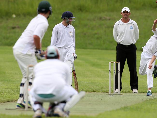 Conner Colbran bowling during the under 15 Div 2 Junior cricket grand final between Cobbitty Narellan (batting) v Collegians at Stromferry Oval, St Andrews. Picture: Jonathan Ng