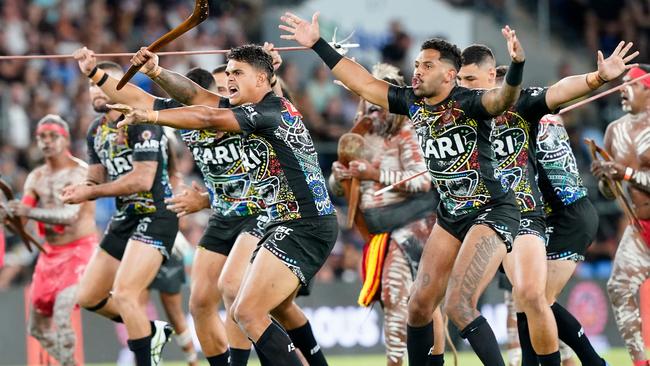 Latrell Mitchell is seen during the Indigenous All Stars war-cry. Picture: AAP Image/Dave Hunt