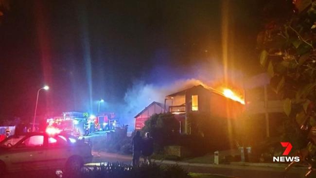 The hunt for a firebug is under way after a couple was forced to flee their burning home in a suspected arson attack at O’Sullivan Beach. Neighbouring residents tried using garden hoses to try to stop the blaze from spreading. Picture: 7NEWS