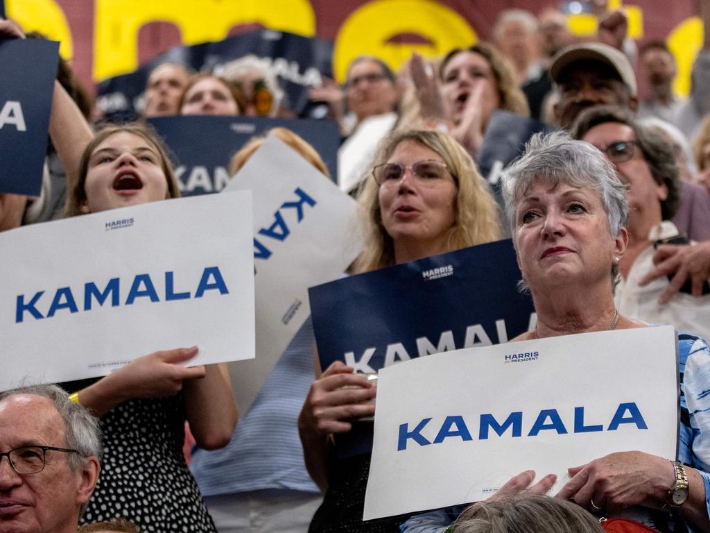 Supporters of Vice President Kamala Harris react to her speaking during a campaign rally at West Allis Central High School on July 23, 2024 in West Allis, Wisconsin. Picture: Getty Images/AFP