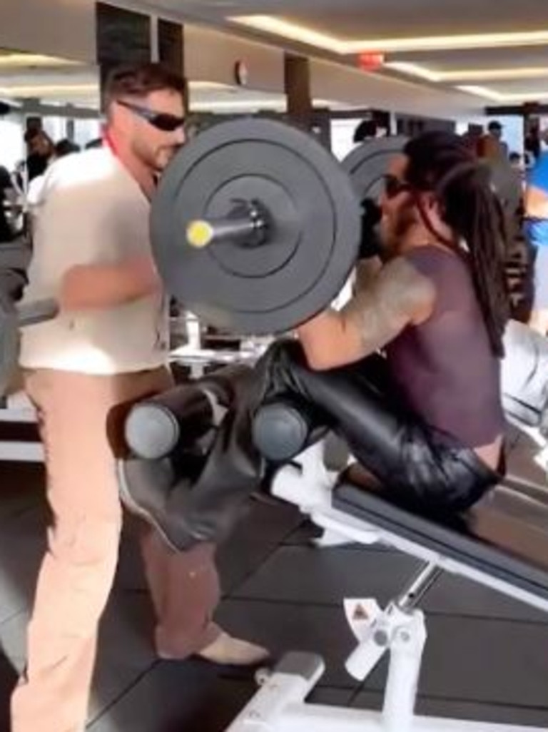 Lenny Kravitz lifts weights in leather pants and sheer tank top   newscomau  Australias leading news site