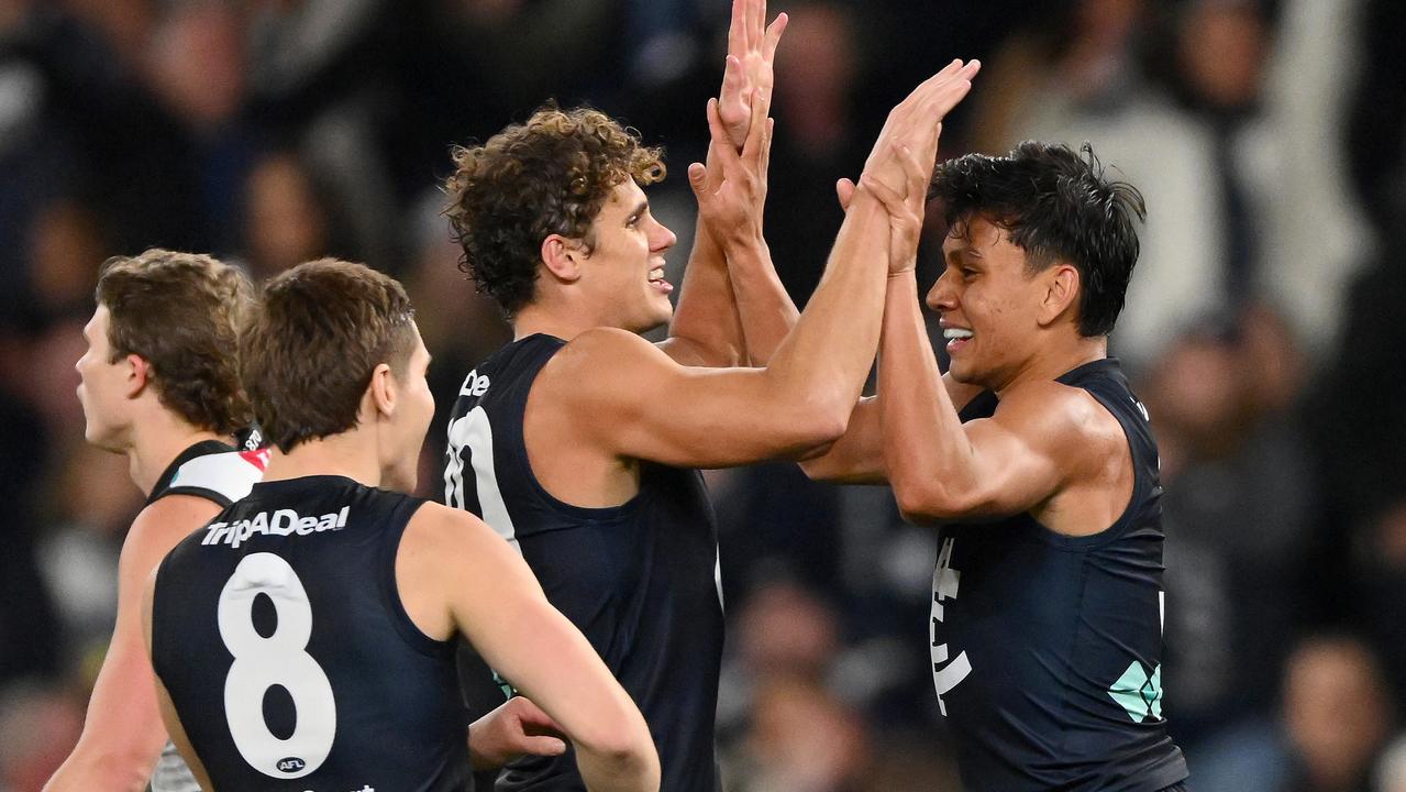 McKay and Curnow ran riot up forward. (Photo by Morgan Hancock/AFL Photos via Getty Images)