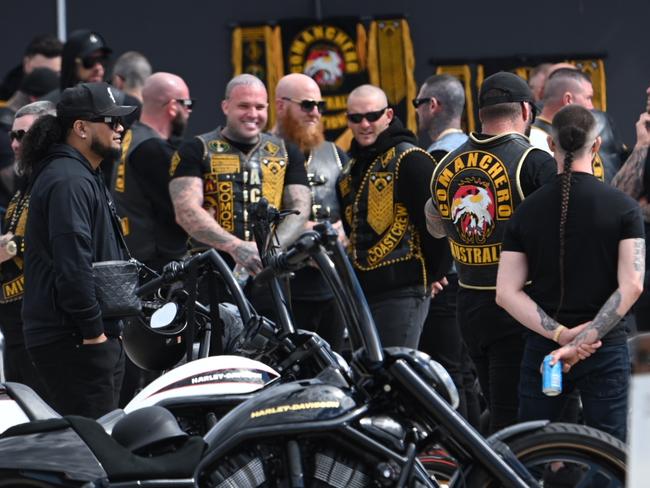 CANBERRA, AUSTRALIA. NewsWire Photos. SEPTEMBER 7, 2024. Comanchero Bikies gather in Canberra for an annual bikie run.  The ACT has been chosen for the national meeting because the territory does not have the same anti-consorting legislation other states. Picture: NewsWire/ Martin Ollman