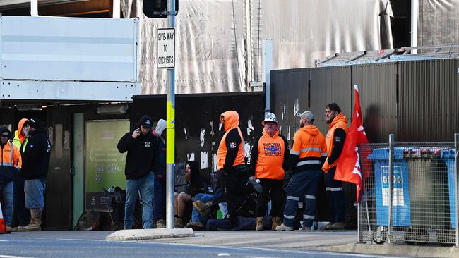 CFMEU union members man picket lines at Cross River Rail sites in Roma St , in Brisbane.