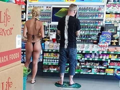 This photo of an Aussie woman wearing a G-string bikini in a Bali convenience store angered many. Picture: Facebook