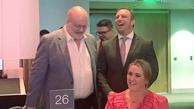 Union boss Gary Bullock and Labor leader Steven Miles share a laugh. Picture: Lydia Lynch