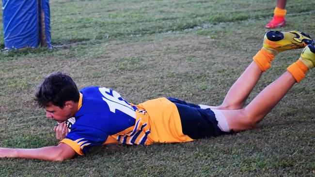 Tristan Milan, Gilroy, scores under the posts. Photographs from the Will Murdoch Perpetual Shield. The annual U14 rugby league competition, in its second year, involved Gilroy Santa Maria College, Ingham State High School and St Teresa's Catholic College Abergowrie. Picture: Cameron Bates