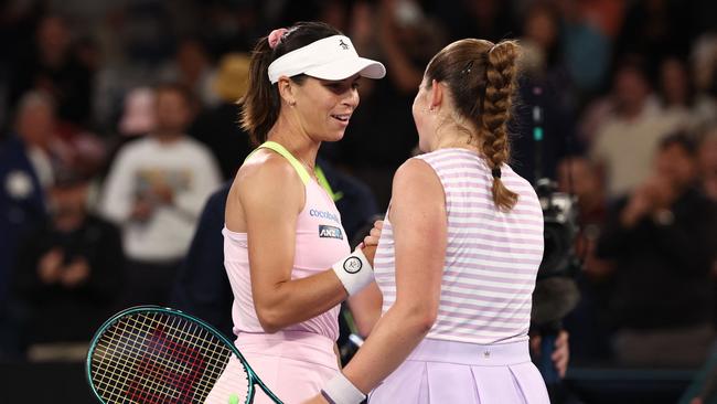 Latvia's Jelena Ostapenko greets Australia's Ajla Tomljanovic (left) following the Latvian’s victory in the early hours of Friday morning. Picture: David Gray / AFP.