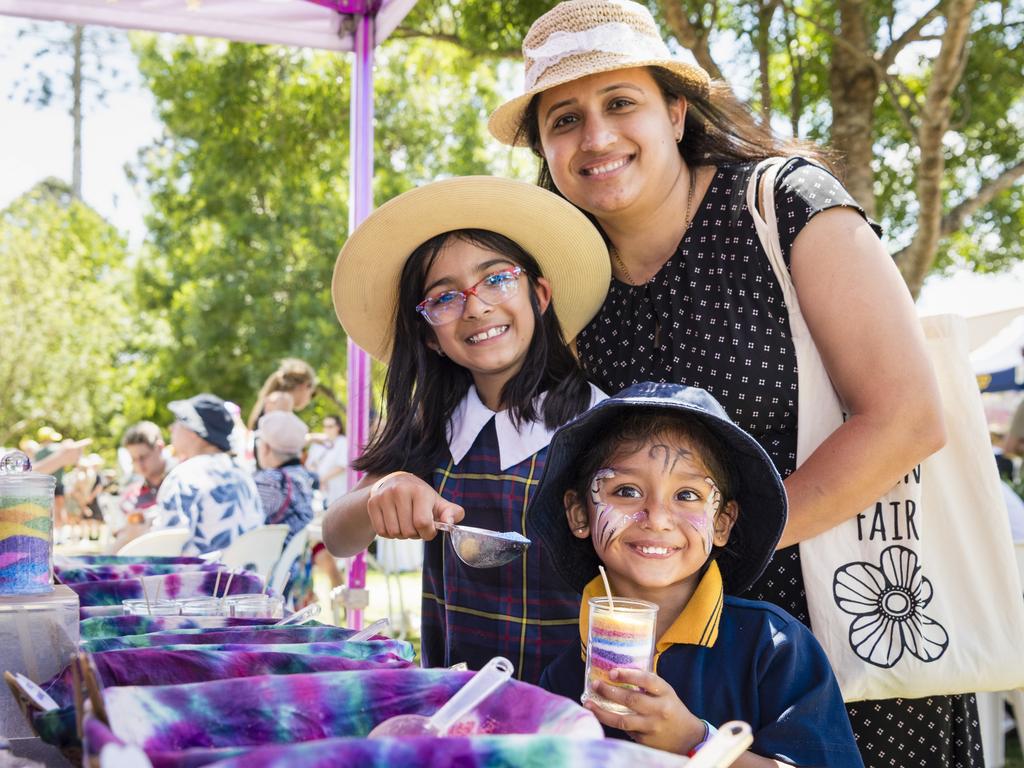 At the make your own candle stall are (from left) Aarna Kansagara, Jignesha Solanki and Eva Solanki at Fairholme College Spring Fair, Saturday, October 21, 2023. Picture: Kevin Farmer