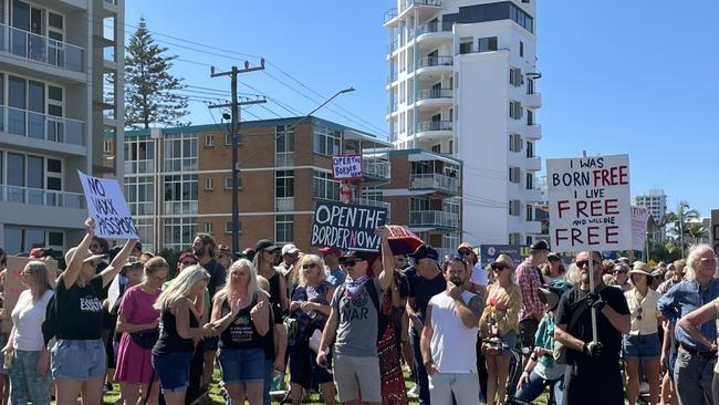 Anti-lockdown protesters in Coolangatta, Gold Coast on the NSW border. Picture: Melanie Whiting