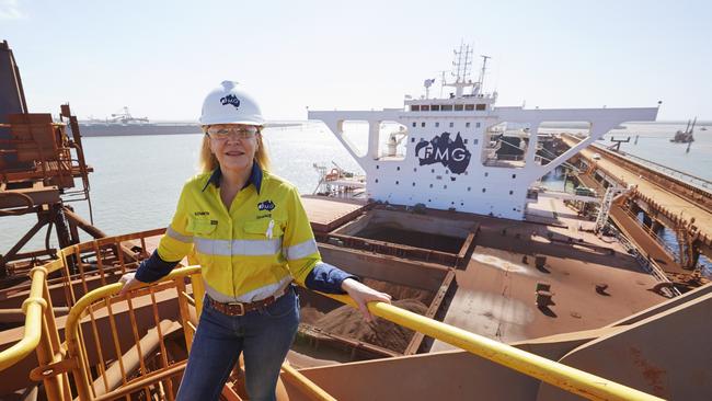 Fortescue Metals Group chief executive Elizabeth Gaines atop a shiploader at the iron ore miner’s Port Hedland facilities