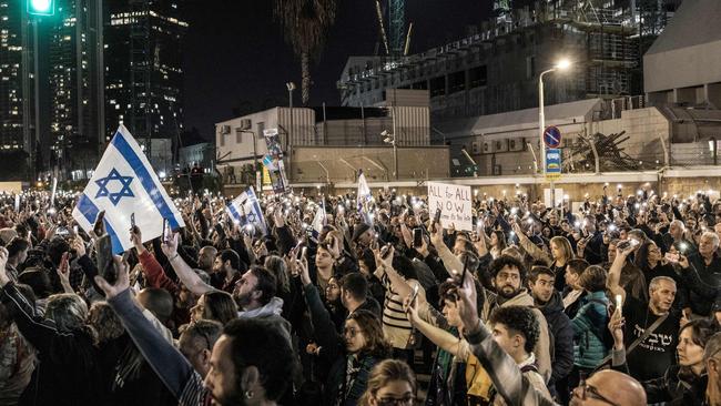 Demonstrators gather at a rally in Tel Aviv last Saturday calling for the release of Israeli hostages held by Hamas. Picture: AFP