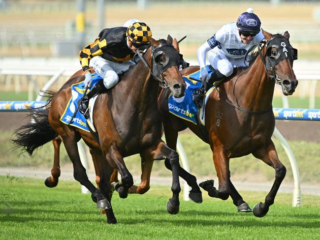 PAKENHAM, AUSTRALIA - DECEMBER 21: Beau Mertens riding Goldman defeats Zac Spain riding Grand Pierro in Race 9, the Sportsbet Pakenham Cup during Melbourne Racing at Pakenham Racing Club on December 21, 2024 in Pakenham, Australia. (Photo by Vince Caligiuri/Getty Images)