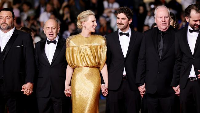 Cate Blanchett with Denis Menochet, Rolando Ravello, Evan Johnson, Guy Maddin and Galen Johnsonon the Rumours red carpet at the 77th annual Cannes Film Festival. Picture: Getty Images