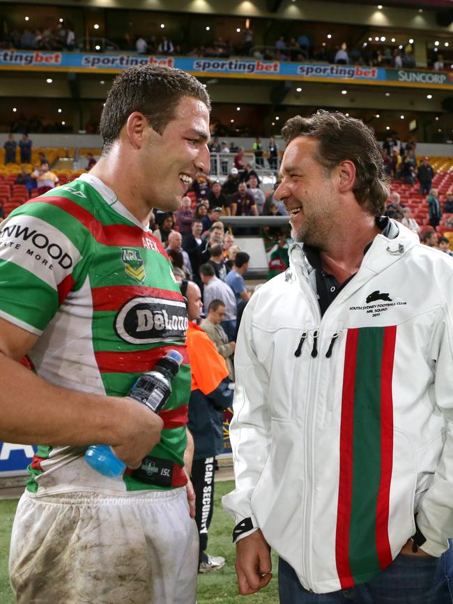 Sam Burgess with Souths co-owner Russell Crowe. Picture: Darren England