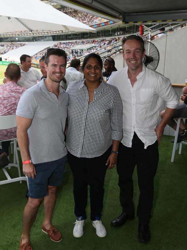 Socials at First Test, Australia v Pakistan at the Gabba. Michael Pitt, Ratha Nabanidham and Shane Goodwin Thursday 21st November 2019 (AAP Image - Richard Waugh