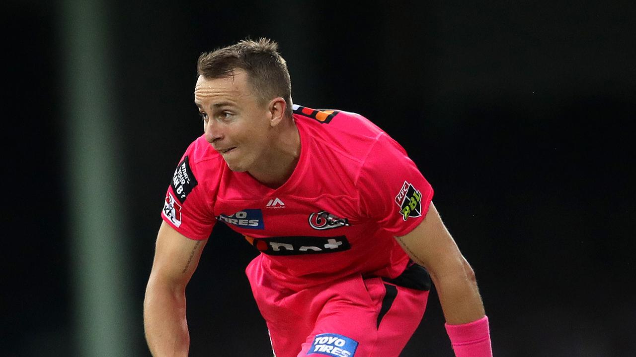 Tom Curran charges in during a practice match for Sydney Sixers. Picture: Phil Hillyard.