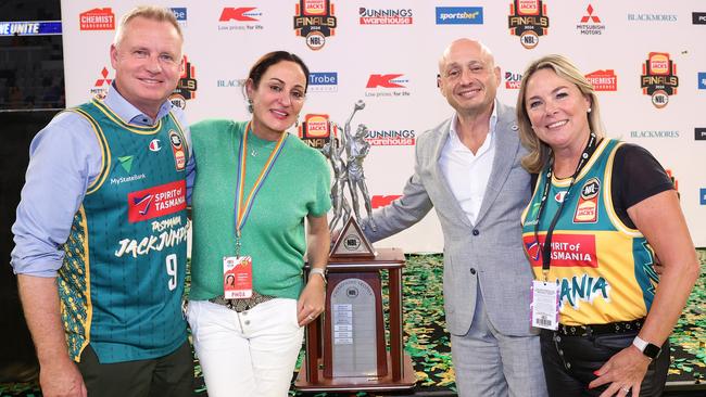 MELBOURNE, AUSTRALIA - MARCH 31: (L-R) Jeremy Rockliff, Premier of Tasmania, Christine Finnegan Co-Chief Executive Officer, Larry Kestelman, NBL Owner pose for a photo after game five of the NBL Championship Grand Final Series between Melbourne United and Tasmania JackJumpers at John Cain Arena, on March 31, 2024, in Melbourne, Australia. (Photo by Kelly Defina/Getty Images)