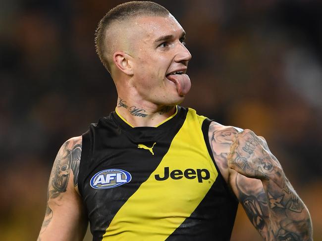 Dustin Martin of the Tigers reacts on the final siren during the First Qualifying Final between the Richmond Tigers and the Hawthorn Hawks in Week 1 of the AFL Finals Series at the MCG in Melbourne, Thursday, September 6, 2018. (AAP Image/Julian Smith) NO ARCHIVING, EDITORIAL USE ONLY