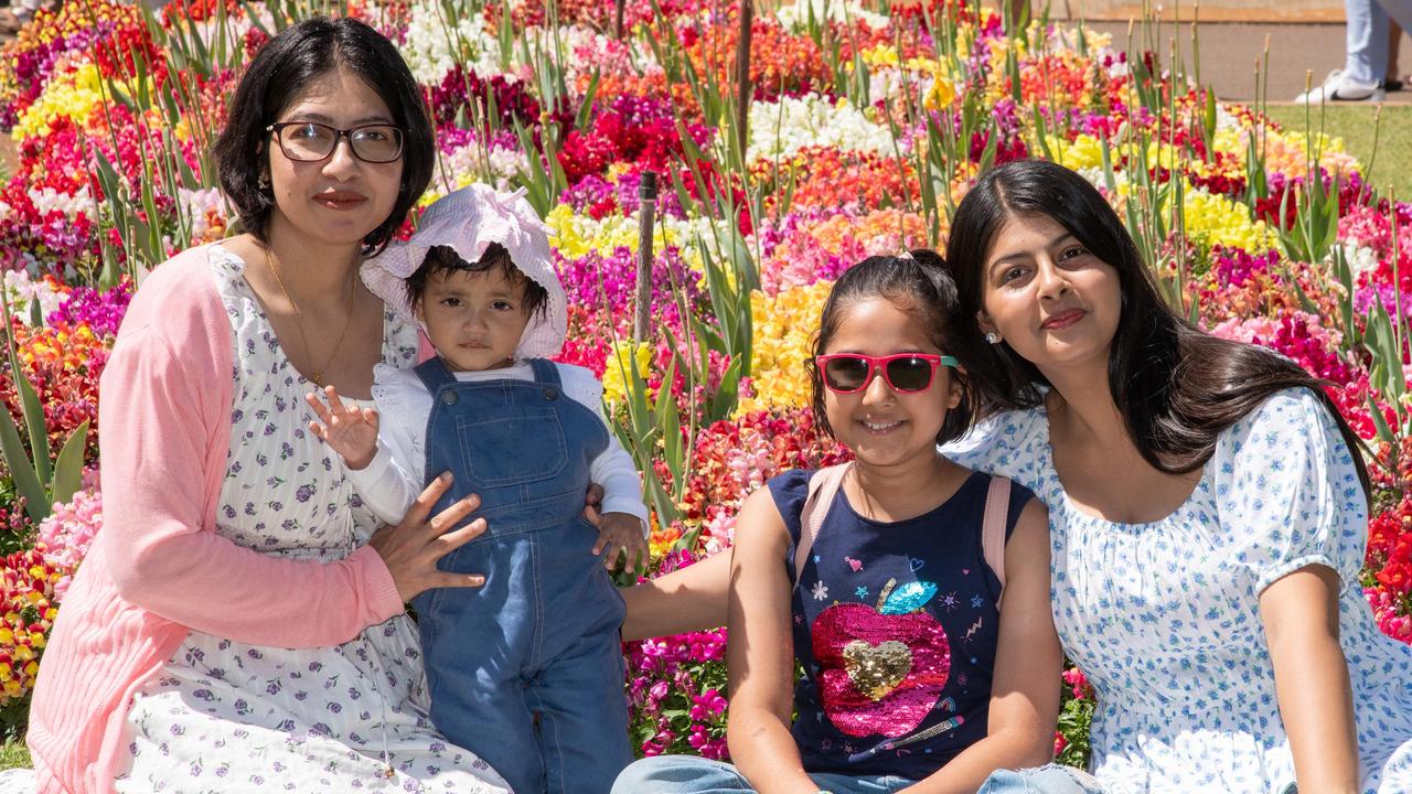 Ishwori Kandel, Sanvi Sapkota, Sharvi Kandel and Aaraatj Aryal enjoy the Botanic Garden display in Queens Park during the Carnival of Flowers, Sunday, September 22, 2024. Picture: Bev Lacey