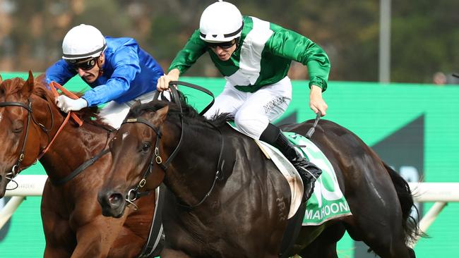 Damian Lane (green, white silks) steers a brave Marhoona to victory in the Golden Slipper at Rosehill Gardens. Picture: Jeremy Ng / Getty Images