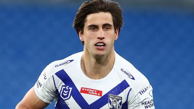 GOLD COAST, AUSTRALIA - JULY 25: Lachlan Lewis of the Bulldogs during the round 19 NRL match between the Canterbury Bulldogs and the Cronulla Sharks at Cbus Super Stadium, on July 25, 2021, in Gold Coast, Australia. (Photo by Chris Hyde/Getty Images)