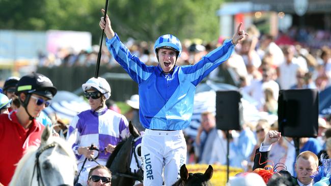 Nathan Berry celebrates after winning the Magic Millions with Unencumbered 10 years ago. Picture: Richard Gosling