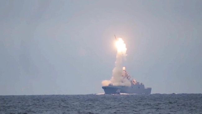 The Russian Zircon hypersonic cruise missile is launched from the Admiral Groshkov frigate on Wednesday in the White Sea. Picture: Russian Defence Ministry via AP