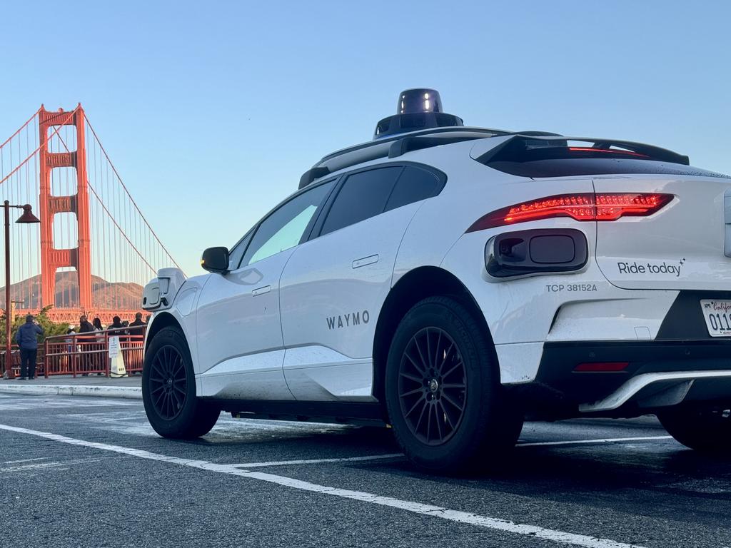 2024 Waymo Jaguar I-Pace autonomous taxi parked near San Francisco’s iconic Golden Gate Bridge. Picture: David McCowen