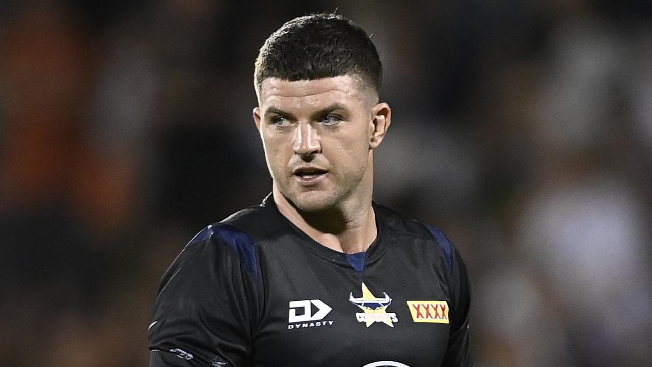 MACKAY, AUSTRALIA - FEBRUARY 26: Chad Townsend of the Cowboys looks on before the start of the NRL Trial match between the North Queensland Cowboys and the Brisbane Broncos at BB Print Stadium on February 26, 2022 in Mackay, Australia. (Photo by Ian Hitchcock/Getty Images)