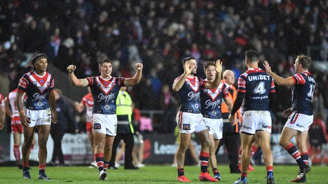 The Sydney Roosters players celebrate victory after the World Club Championship. Picture: Getty