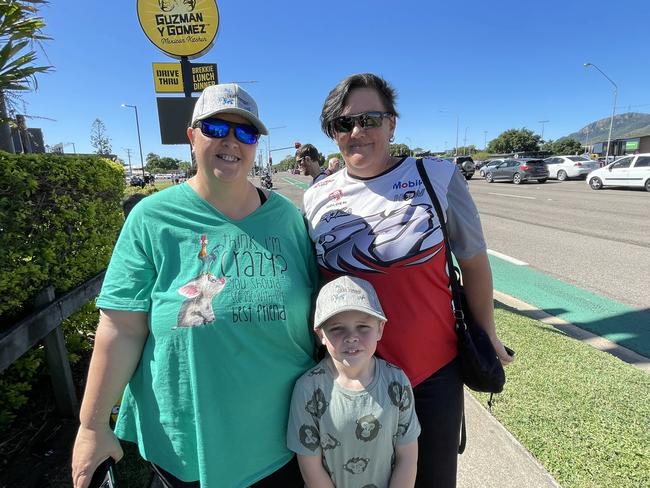 Samantha Butterworth, Hunter Coleman, 5, and Kathy Turner loved watching the Supercars Transporter parade in front of Willows Shopping Centre on Wednesday. Picture: Leighton Smith