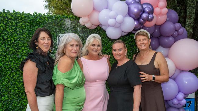 (From left) Nicole Ahern, Sandy Bowyer, Sue Edwards, Kerrie Woodford and Lisa McKellar. Weetwood Raceday at Toowoomba Turf Club. Saturday, September 28, 2024. Picture: Nev Madsen.