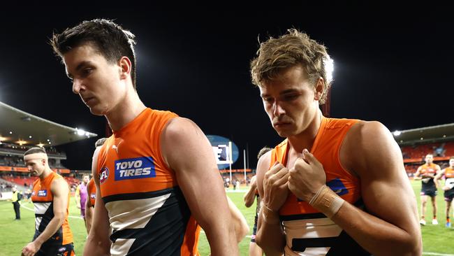 Dejected Sam Taylor and Aaron Cadman during the AFL Semi Final match between the GWS Giants and Brisbane Lions at Engie Stadium on September 14, 2024. Photo by Phil Hillyard(Image Supplied for Editorial Use only - **NO ON SALES** - Â©Phil Hillyard )