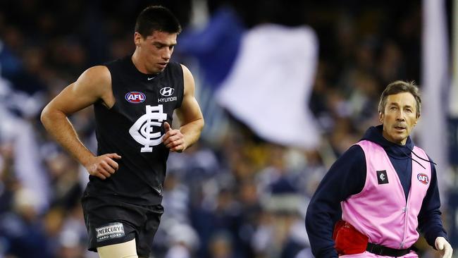 Carlton's Matthew Kreuzer was concussed when he was tackled by Patrick Dangerfield. Picture: Michael Klein