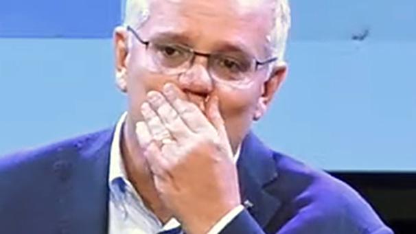 Scott Morrison tears up while addressing Horizon Church after his election defeat. Picture: YouTube/Horizon Church