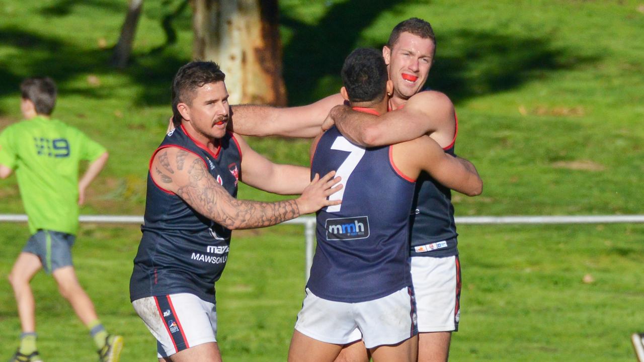 Divsion four Adelaide Footy League clash CBC Old Collegians v Pooraka, Saturday, July 20, 2019. Pooraka's Frank Timpano celebrates a goal. (Pic: AAP/Brenton Edwards)